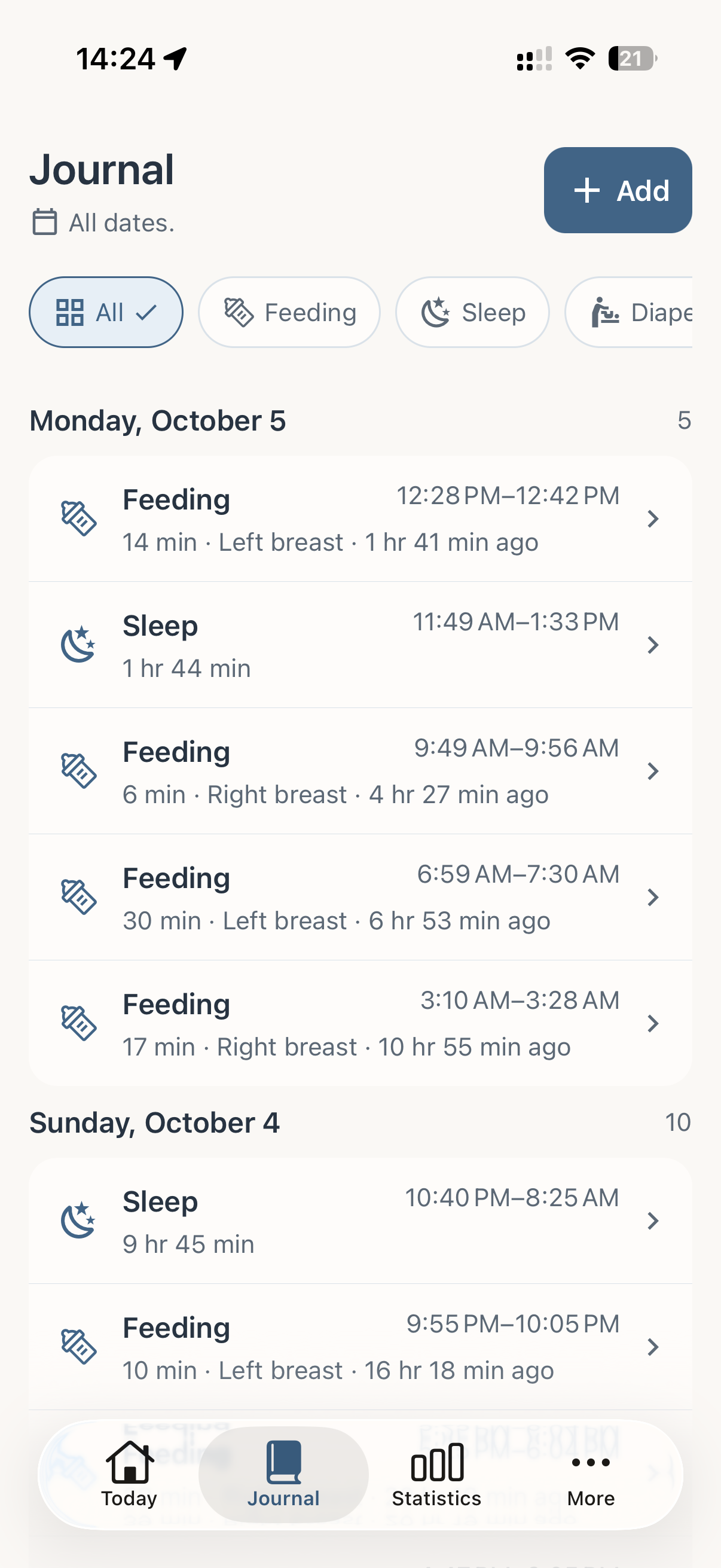 Blue Journal screen with dated feeding and sleep entries