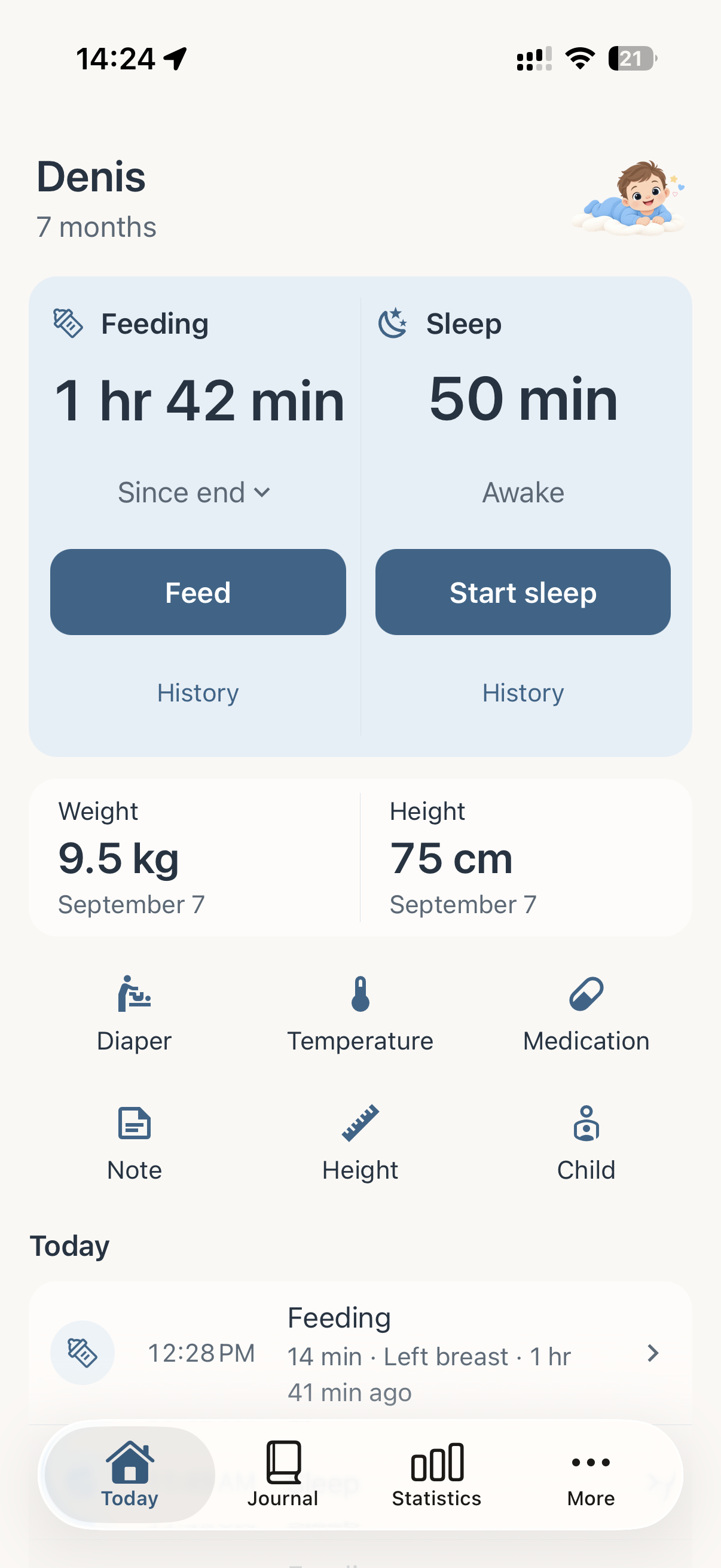 Baby Journal Today screen in blue, with feeding and sleep timers, growth measurements, and today’s entries