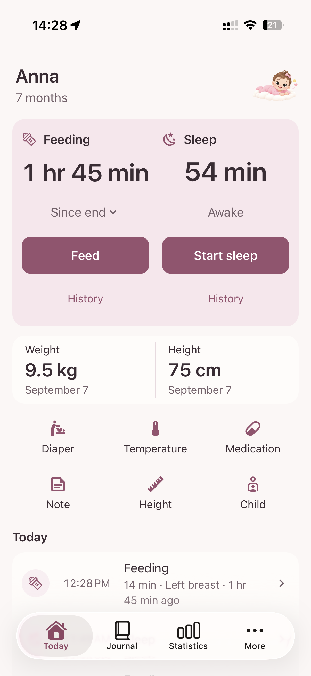 Baby Journal Today screen in rose, with feeding and sleep timers, growth measurements, and today’s entries